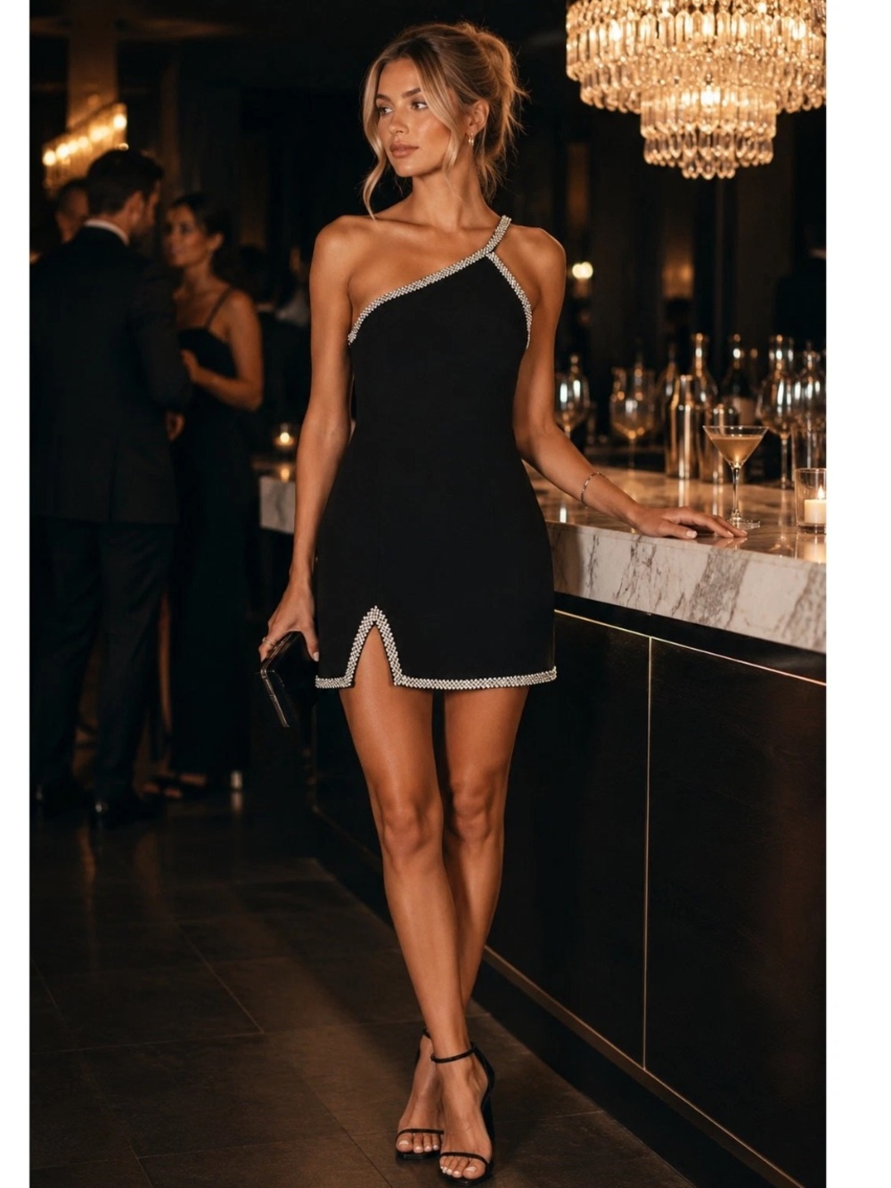 Lovers + Friends Black One-Shoulder Mini Dress with Rhinestone Trim M - Picture 1 of 6